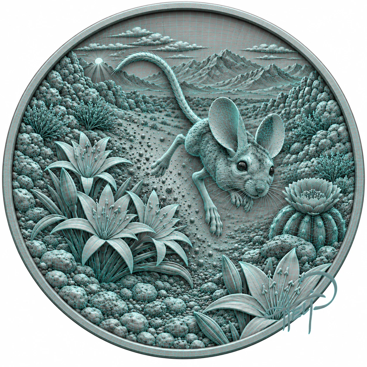Green shaded rendering of the circular mouse relief model