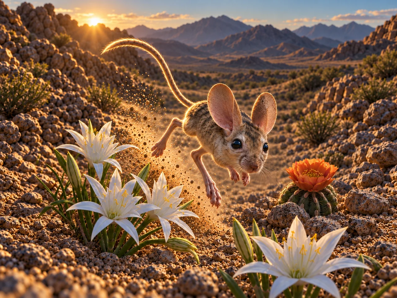 Source artwork showing a desert mouse among flowers and cacti