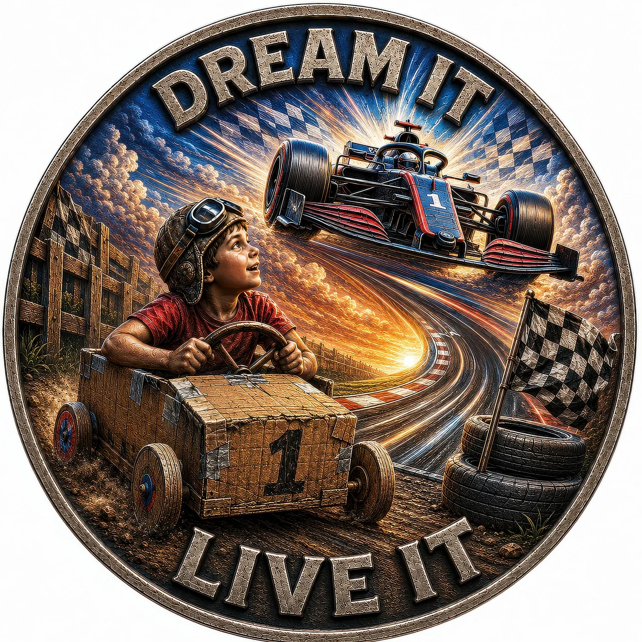 Darth Rogue’s Dream It Live It source artwork with a child in a box car imagining a racing car